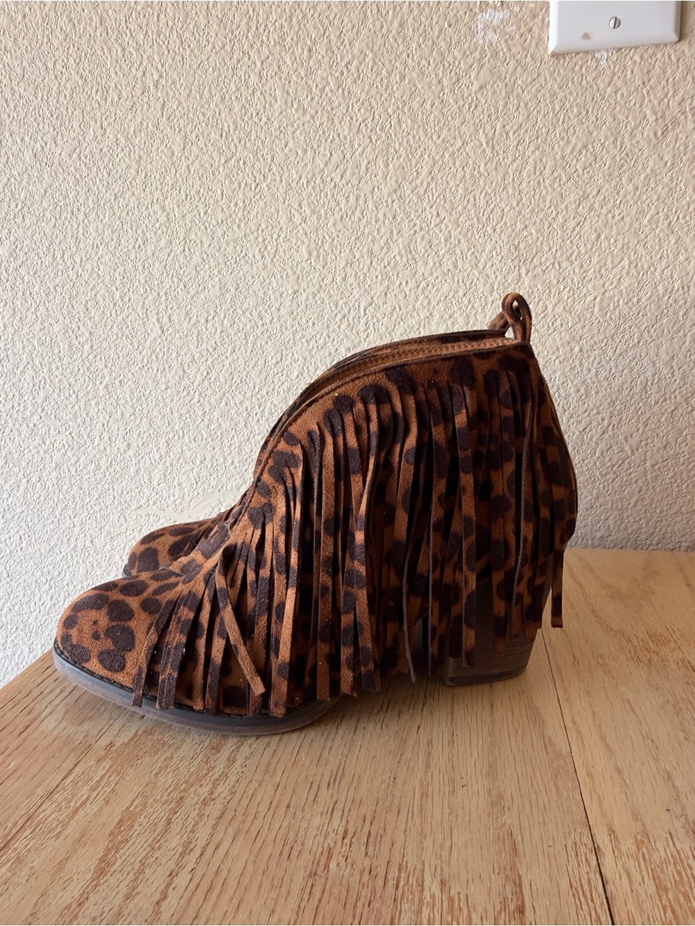 Mata Shoes Leopard Print Fringe Wedge Booties - Brown Tan